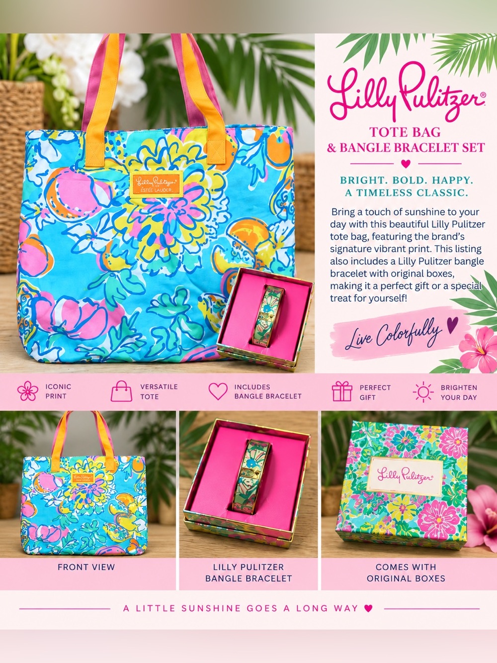 55. Lilly Pulitzer Turquoise Floral Tote with Pink & Yellow Accents